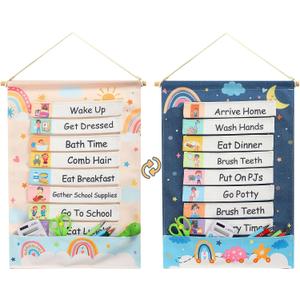 Blosssound Visual Schedule for Kids Chore Chart Morning Bedtime Routine Chart Hippie Boho Daily Calendar Double Side Planner Board with 28 Cards for Home School Toddlers Autism Learning Materials