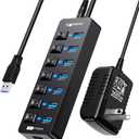 Powered USB Hub 3.0,VEMONT 7 Ports Multi USB hubs and 1 USB Smart Charging Port with 5V/3A Power Supply,USB Extension Splitter with Individual On/Off Switches and 4ft/1.2m Long Cable for PC/Laptop (Black)