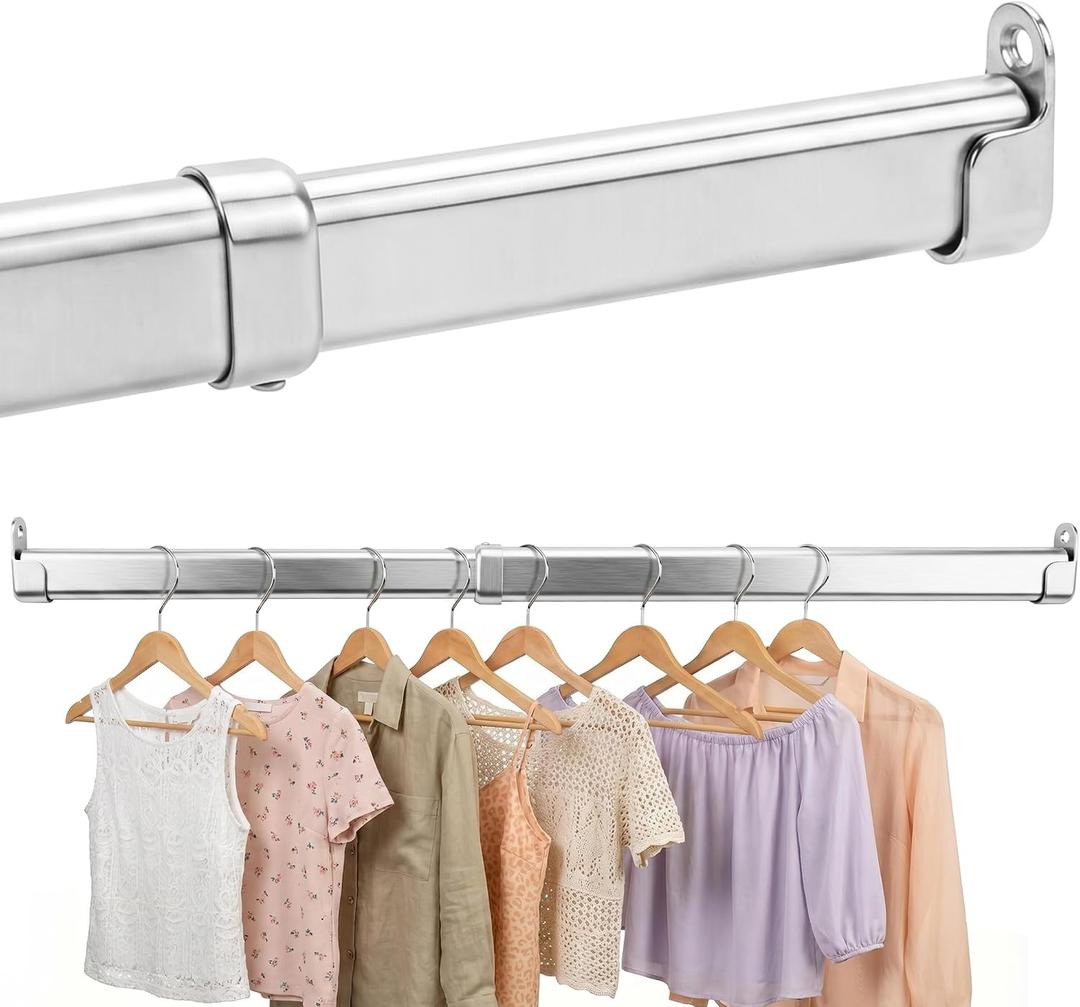 Oval Closet Rods for Hanging Clothes, 24 to 47 Inches Stepless Extendable Stainless Steel Closet Pole, Heavy Duty Clothes Rod for Closet Wardrobes Laundry RV, Chrome