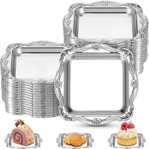 LemonRoad 50 Pcs Mini Square Baroque Dessert Display Trays Mini Elegant Plastic Serving Trays Small Cake Candy Plates for Weddings Parties Hotels Large Celebrations, 3"x3" (Silver)