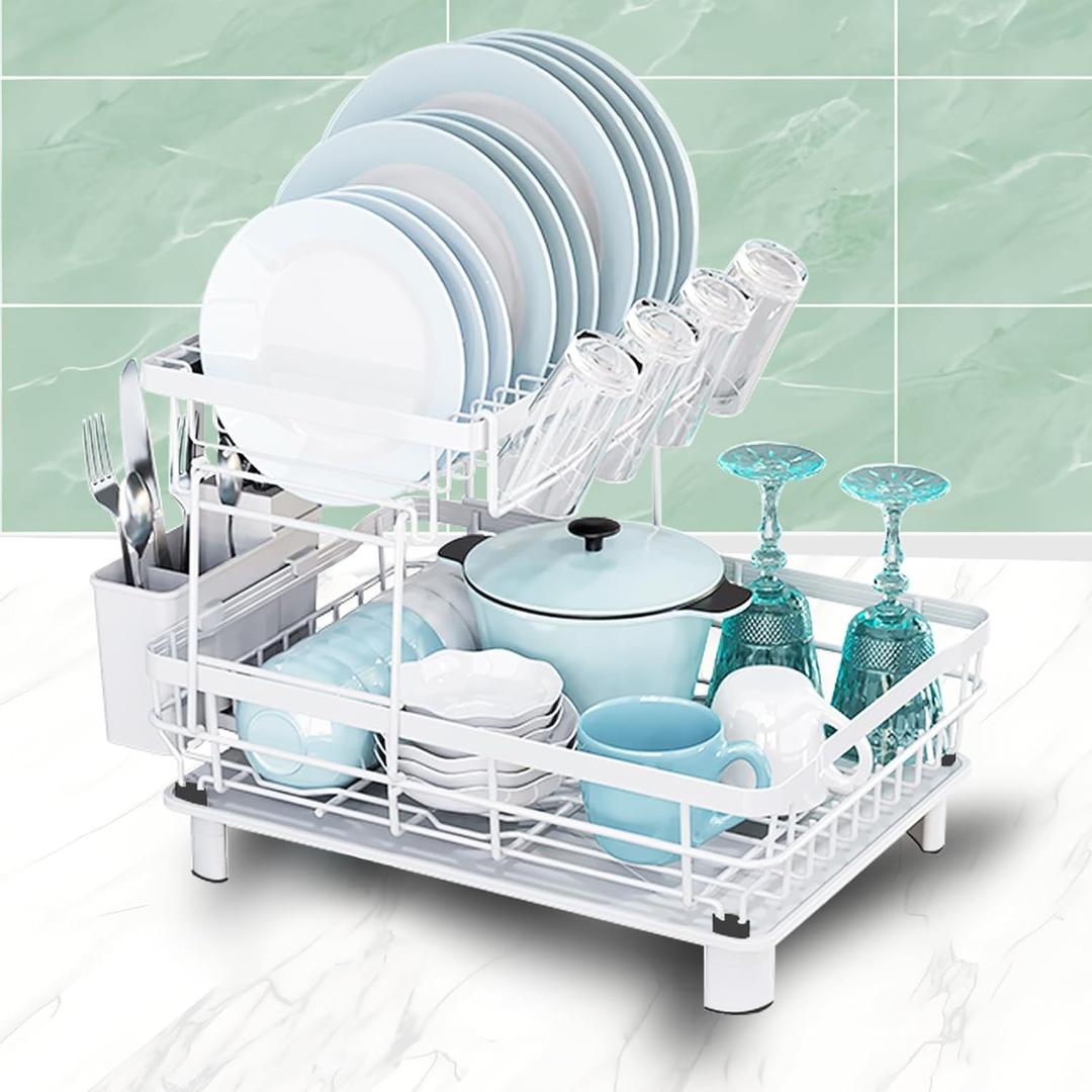 GAXmi Dish Drying Rack Over The Sink Drainer with Drainboard Utensil Holder Cup Holder, 2-Tier White GAXmi Dish Drying Rack Over The Sink Drainer with Drainboard Utensil Holder Cup Holder, 2-Tier White