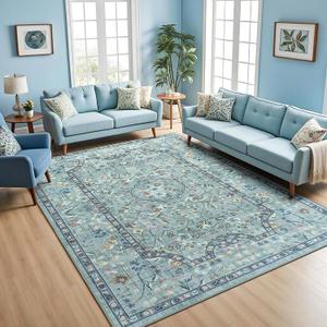 Vasofe 8x10 Area Rug for Living Room, Washable Rugs for Bedroom Room, Dining Room, Vintage Floral Indoor Non Slip Carpet Farmhouse Teal Throw Carpets Soft Low Pile Mat for Classroom Playroom