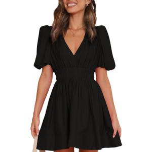 Women 2025 Summer Mini Dress Puff Short Sleeve Sexy V Neck A Line Elastic High Waist Flowy Swing Dresses, L