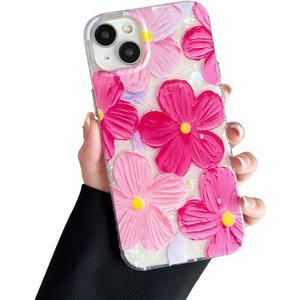 Compatible with iPhone 14/15 Plus Case, Cute Aesthetic Sparkle Hot Pink Oil Painting Floral Flowers Cover for Women, Shockproof Slim Soft TPU Protective Phone Case