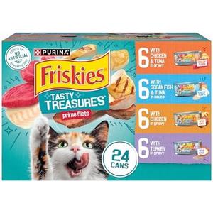 Purina Friskies Wet Cat Food Variety Pack, Tasty Treasures Prime Filets (With Chicken and Tuna, With Chicken, and With Ocean Fish and Tuna, and With Turkey) - (Pack of 24) 5.5 oz. Cans