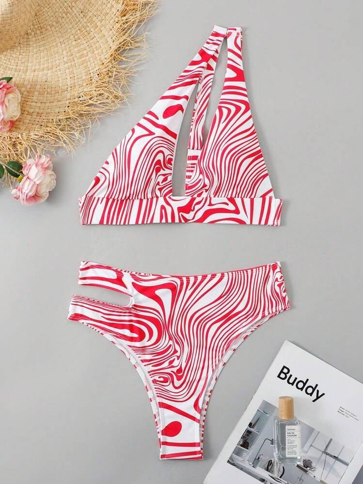 One-Shoulder Cutout Bikini Swimsuit with Fluid Pattern, Size Medium