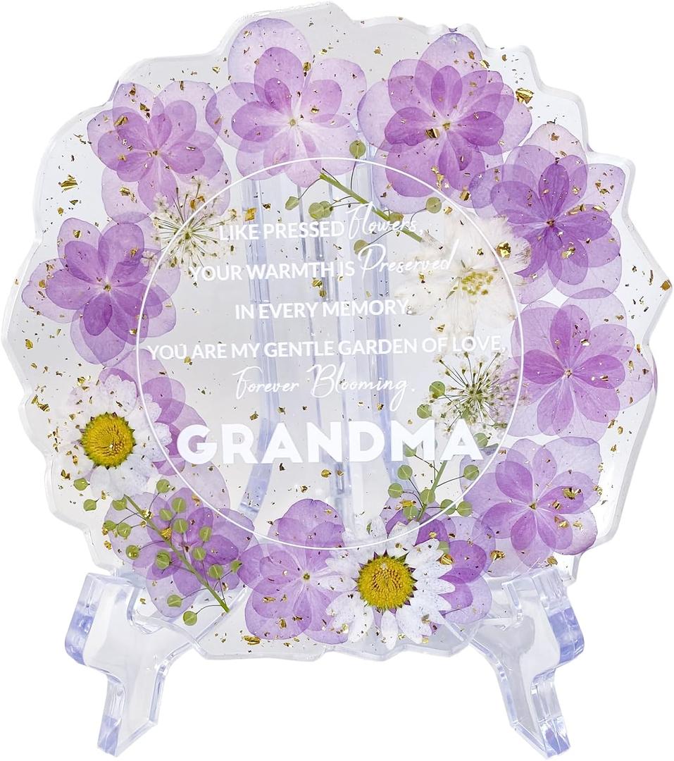 Gift for Grandma Resin Floral Keepsake Plate Decor with Pressed Real Flowers (Purple & White) Grandma Birthday Gifts, Unique Handmade Keepsake for Women
