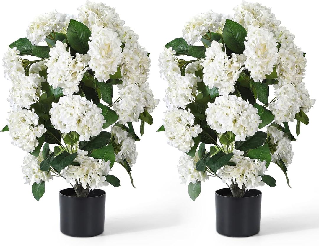 Faux Hydrangea Trees 30“ 2 Pack, Hydrangea Artificial Flower for Outdoor, UV Resistant Lifelike Potted Shrubs for Porch & Patio, Fake Plants for Wedding, Living Room Farmhouse (White)