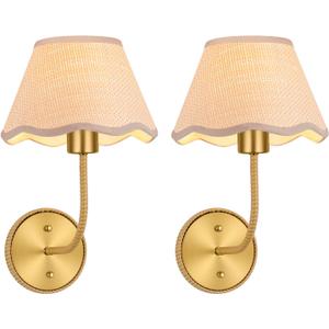 Boho Wall Sconces Set of Two Rattan Wall Lamp Rustic Brass Wall Mount Light Hardwire Wall Sconces Lighting for Bedroom Living Room Hallway Vanity Stairway, E26 Base, 2 Pack (8.6inch-hardwired, Gold)