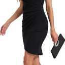Women's V Neck Sleeveless Faux Ruched Midi Bodycon Work Dress (Black, L)