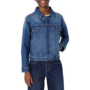 Amazon Essentials Unisex Kids' Kids' Unisex Medium Stretch Regular-Fit Denim Trucker Jacket, Classic Medium Wash, Medium