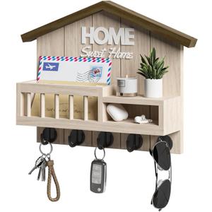 Key and Mail Holder for Wall, Wall Key Holder with Shelf, Key Rack Wall Mount, Wood Key Holder Wall Mount, Mail Organizer Wall Mounted, Entryway & Front Door Key Holder with 5 Hooks(White) (Oak)