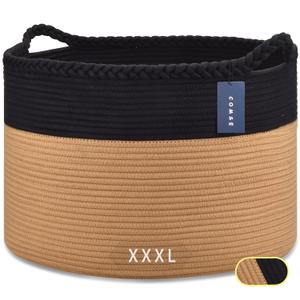 COMSE Extra Large Blanket Basket, Woven Laundry Basket, 21.7x 13.8, Nursery Hamper, Cotton Rope Laundry Hamper Living Room for Storage Toys Clothes Towels (Black & Camel)