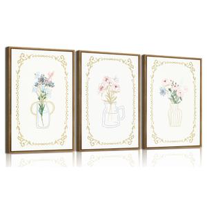 KISSFOX 3 Piece Floral Framed Wall Art Flower Pictures Wall Decor Wildflowers Canvas Wall Art Green Boho Botanical Paintings for Girly Room Bedroom Apartment Dorm Living Room