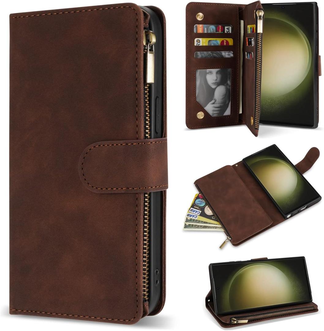 ZZXX for Samsung Galaxy S23 Ultra Wallet Case with RFID Blocking Card Slot PU Leather Zipper Flip Folio with Strap Kickstand Protective Cover for Galaxy S23 Ultra Case Wallet(Coffee-6.8 inch)