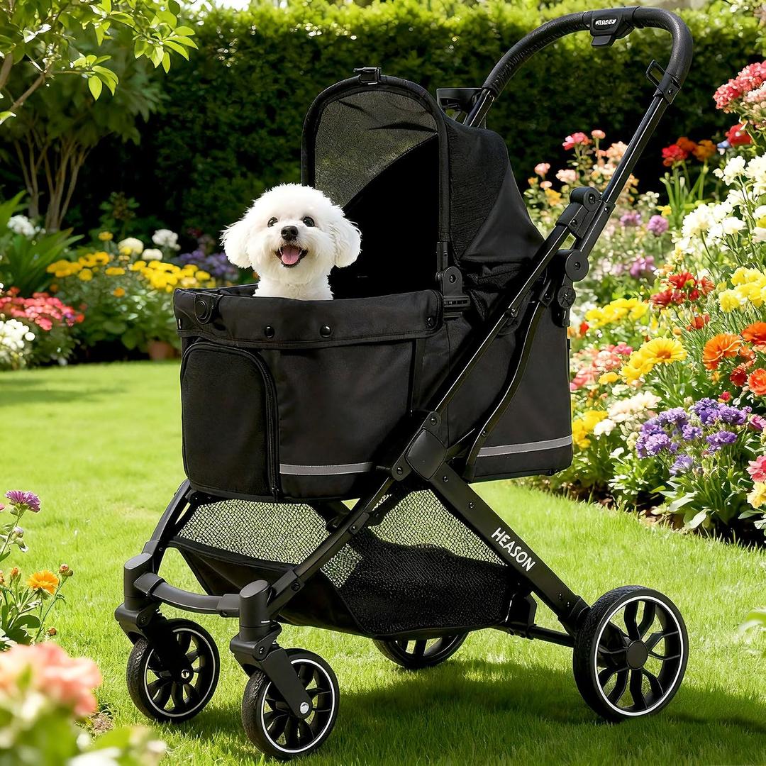 Dog Stroller with Waterproof Rain Cover, Heavy-Duty All-Terrain 4-Wheel Pet Stroller with Adjustable Sunshade Canopy, Foldable Travel Dog Strollers for Small/Medium Dogs Up to 121 lbs