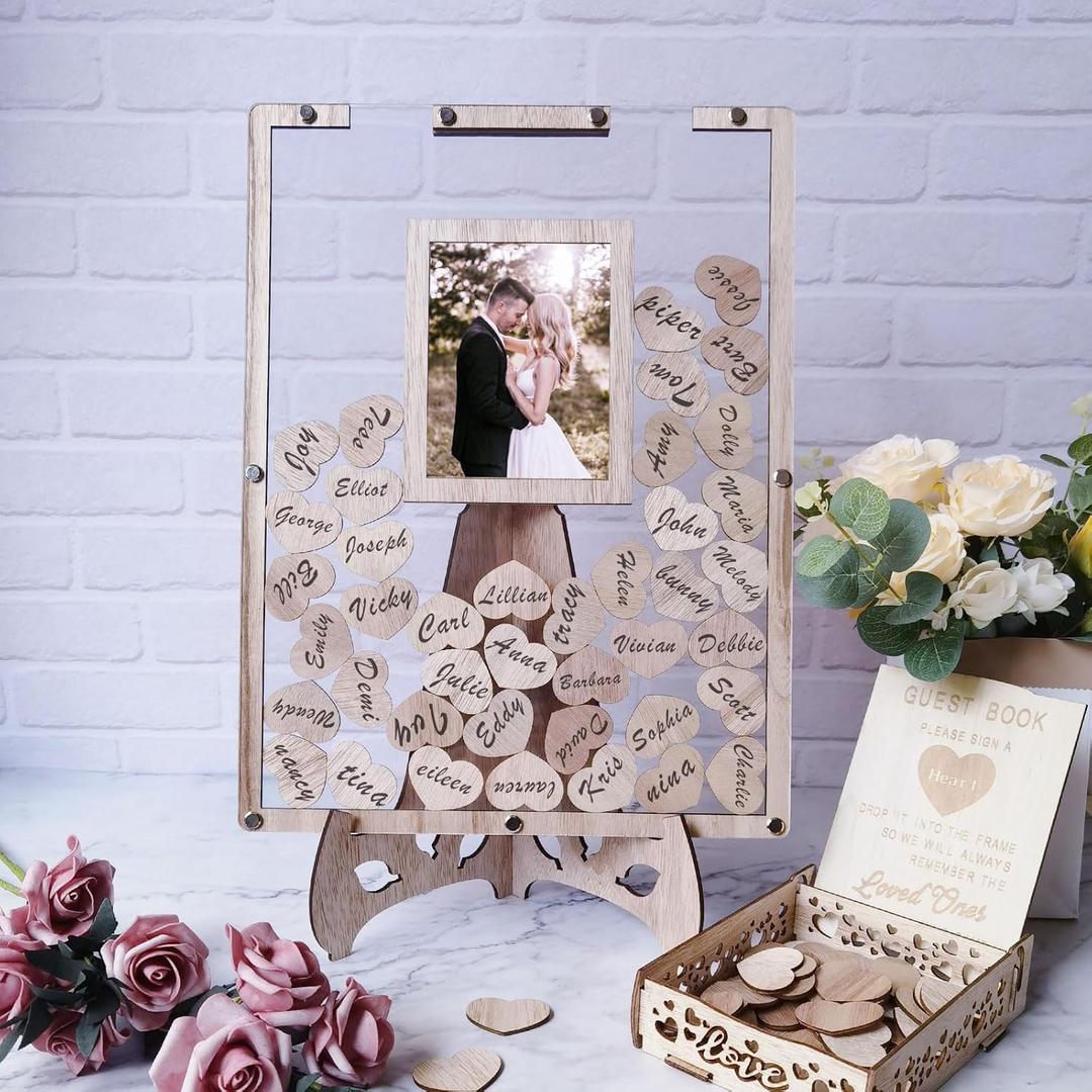 Wedding Guest Book Alternative, Rustic Guest Book Wedding Reception with Wooden Box and 80pcs Hearts, Guest Book Signs for Wedding Anniversary Birthday Party Baby Shower Decorations