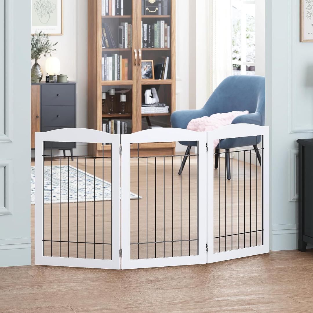 Spirich Free Standing Foldable Metal Pet Gate for Dog, 60" Extra Wide 30" H | Dog Gate for Doorway, Stairs, the House, Pet Puppy Safety Fence, Support Feet, Kitchen, Hallway, 3 Panels, White