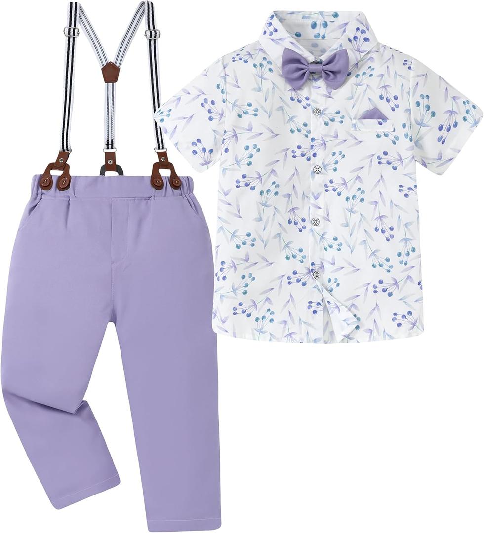 DISAUR Boys Suits 3 Pieces Formal Dress Shirt with Bowtie+Suspender Pants Boy Gentleman Outfits Set 4-8 Years (Lavender Purple)