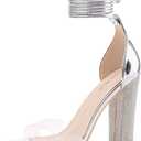 LALA IKAI Chunky Heels Sandals for Women Comfy Open Toe Strappy Rhinestone High Heeled Sandals White Silver Gold Black Ankle Clear Heels for Party Wedding 

 6.5