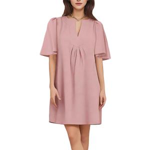 ROYLAMP Women's Elegant Pleated Dress V-Neck Oversized Flutter Sleeves Summer Shift Casual Mini Dresses with Pockets (Pink, M) ROYLAMP Women's Elegant Pleated Dress V-Neck Oversized Flutter Sleeves Summer Shift Casual Mini Dresses with Pockets (Pink, M)