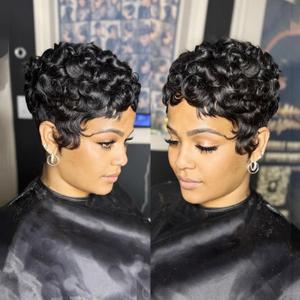 VRZ Short Pixie wigs for Black Women Pixie Cut Curly Human Hair Wig for Black Women Glueless Short Layered Pixie Cut Wigs With Bangs Natural Black Color for Daily Use (U49#NK Color)