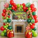 Christmas cartoon style party decorations include green red and gold balloon arch kit & candy canes lollipops gift boxes foil balloons & backdrop for Christmas New Year's Eve party decorations.