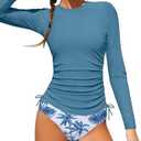 Perdeca Girls Bathing Suit Two Piece Ruched Long Sleeve Rash Guard Print Design Swimsuit Size 13-14Y