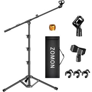 Microphone Stand, Tripod Boom Arm Floor Mic Stand Height Adjustable Heavy Duty with Carrying Bag 2 Mic Clips 3/8" to 5/8" Adapter for Singing Podcast for Blue Yeti Shure SM58 SM48 Samson Q2U