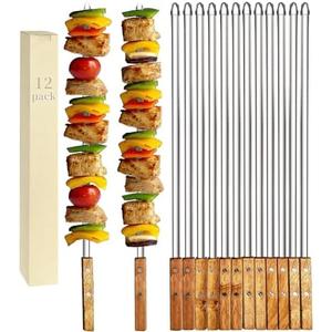 Vokop 12 Pack Kebab Skewers 23.5 Inch Stainless Steel Grilling BBQ Skewer Reusable Barbecue Skewers Flat Stick with Wood Handle,Ideal for Koubideh Brazilian Chicken Shrimp Turkish Shish Kabob
