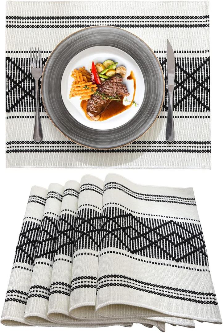 LUFEIJIASHI Elegant Thick placemats for Dining Table Decor Farmhouse Heat Resistant Table Place mats Set of 6 Quality Woven Cloth Placemats Washable Dinner mats (Black, 6) LUFEIJIASHI Elegant Thick placemats for Dining Table Decor Farmhouse Heat Resistant Table Place mats Set of 6 Quality Woven Cloth Placemats Washable Dinner mats (Black, 6)
