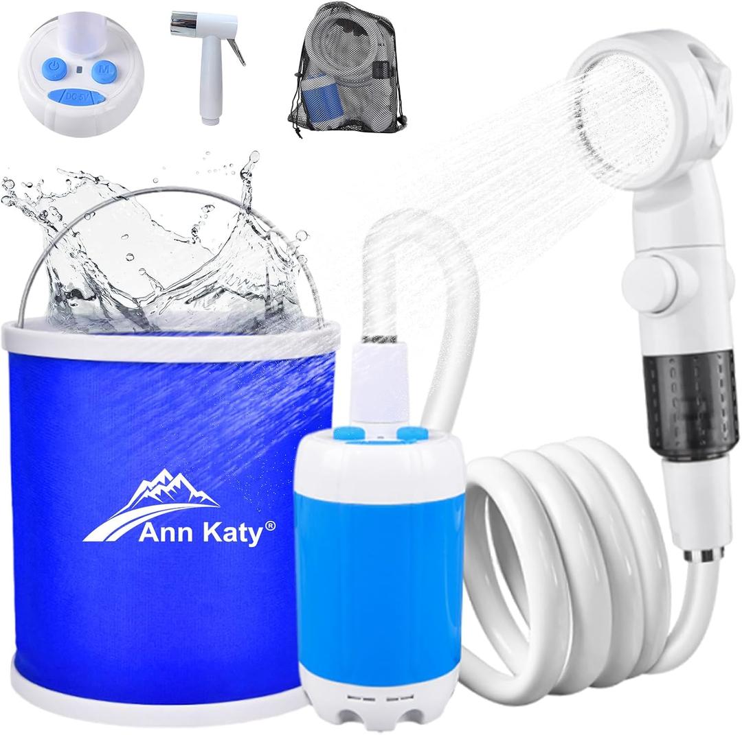 Portable Camping Shower Outdoor Camp Shower Pump with Portable Bucket,Upgrade Rechargeable Electric Shower Pump with Intelligent Multiple Spray Modes for Camping, Hiking, Traveling,RV