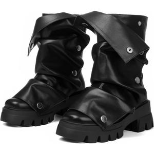 Celbreez Slouchy Boots for Women Fold Over Platform Boots Round Toe Pull On Leather Goth Boot Punk Mid Calf Chunky Stacked Heel 2025 Button Party Shoes Combat Motorcycle Boot (Black) Size 9.5
