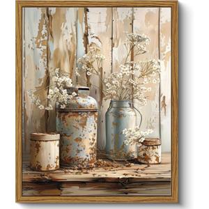 Qenundme Framed Rustic Farmhouse Floral Canvas Wall Art Florals in Rusty Cans Print Posters Vintage Country Flower Still Life Pictures Paintings Prints for Bathroom Bedroom Living room Decor 16X24in, 24L" x 16W"