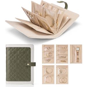 Vlando Travel Jewelry Organizer Case, Mom Gifts from Daughter, Jewelry Storage Book Ring Binder with Clear Zipper Velvet Jewelry Pouch Bag, Travel Essentials for Rings, Necklace, Earrings-Olive Green