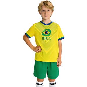 24/25/26 National Flag Soccer Jersey Kit for Kids Youth Boys Girls Sports Uniforms Outfits Fans Gift Shirt Shorts Sets Brazil, 11-12 Years
