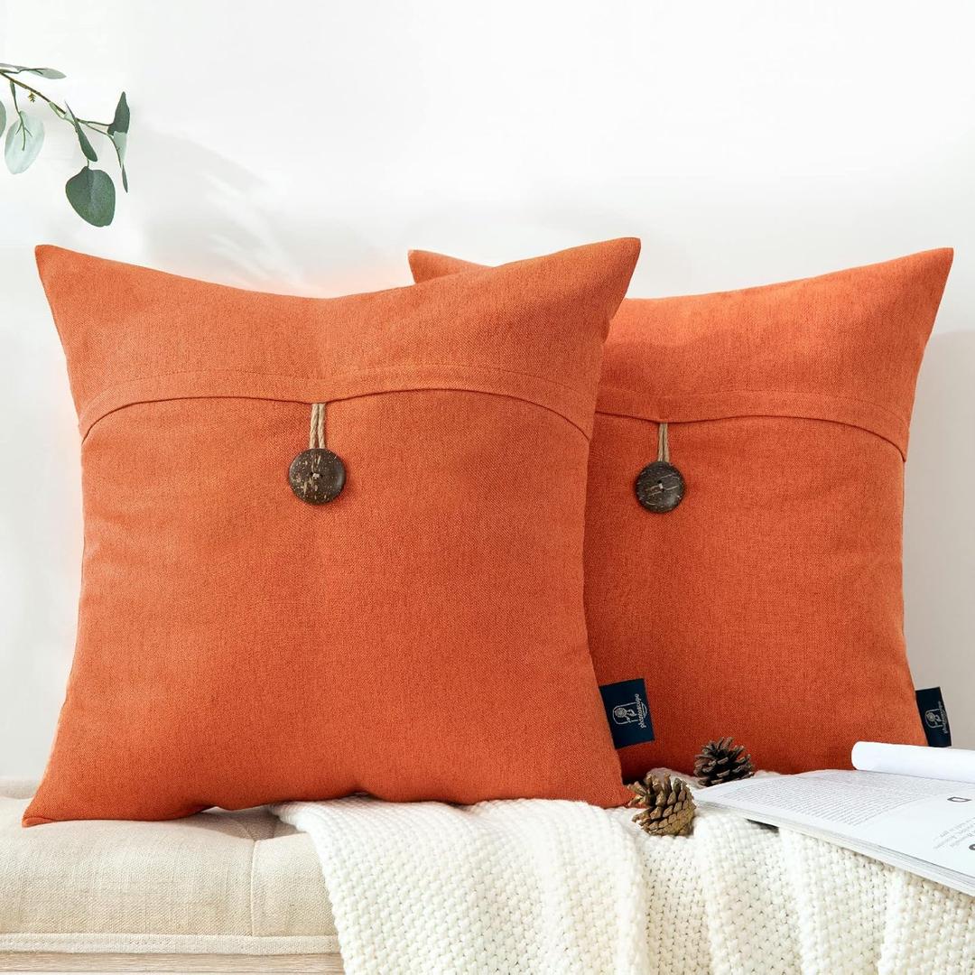Phantoscope Pack of 2 Farmhouse Throw Pillow Covers Premium Coconut Button Vintage Linen Solid Decorative Pillow Cover for Couch Bed and Chair Orange 18 x 18 inches