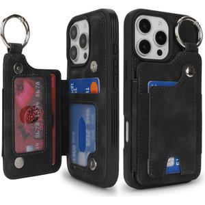 Case for iPhone 16 Pro Phone Case with Keychain Ring Credit Card Holder for Women,for iPhone16 Pro Leather Case Wallet with Kickstand Card Slots Fashionable Case for Men- Black