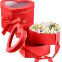 Nuanchu 2 Pcs Mother's Day Heart Shaped Flower Box with Transparent Window Paper Floral Boxes with Lids Ribbons Double Layers Rotating Gift Box for Arrangements, 9.1 x 7.9 x 6.5 Inch(Red)
