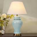 Blue Ceramic Table Lamp, Nordic Bedside Lamp Gold Metal Bracket Base with White Fabric Lampshadetable Lamps for Living Room Bedroom Study Hotel
