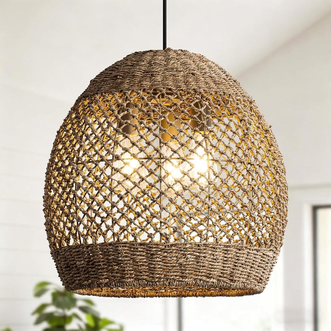 17" Rattan Pendant Light,Hand Woven Wicker Hanging Light, D17.72"xH18.11"
