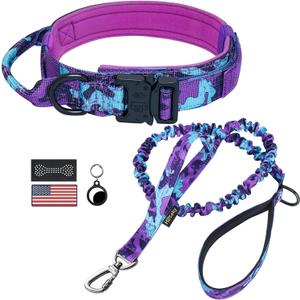 Hotsky Tactical Dog Collar and Leash Set, Heavy Duty Military Airtag Dog Collar with Handle and Metal Buckle for Training and Walking, with Airtag Holder and Two Patches (Purple Camo, L) (L(17"-20.5"))
