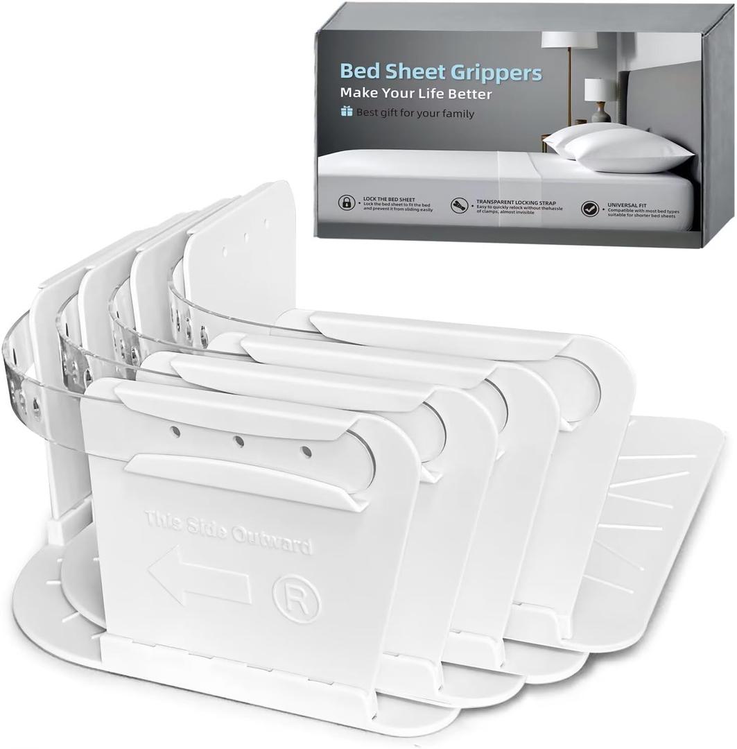 Bed Sheet Holders for Corners Keep Sheets Firm & Tight, Fitted Heavy Duty Mattress Sheet Corner Fasteners with Lock Straps, No More Loose Sheets & Easy Installation Set of 4 White
