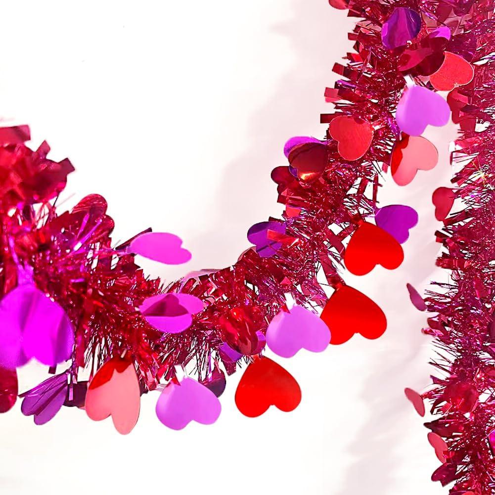 33 Ft Valentines Tinsel Garland Valentines Day Red & Rose Shiny Thick Metallic Heart Garland Valentine's Day Decorations for Valentine Home Indoor Outdoor Anniversary Wedding Hanging Decor Supplies