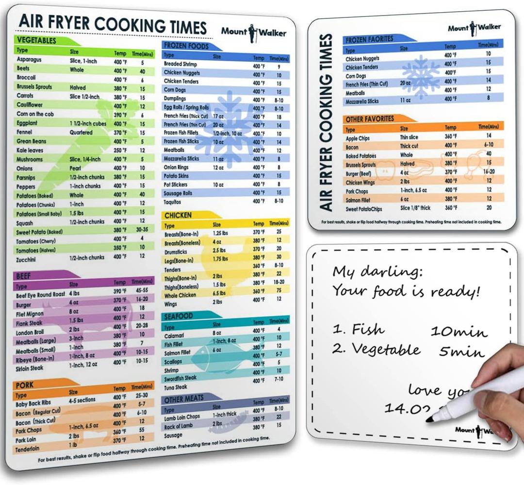 3 x Air Fryer Magnetic Cheat Sheet Set (1 Set of 3 Pcs) - Cook Times Chart, Recipe Cards, Dry-Erase Fridge Whiteboard, Kitchen Accessories (White).