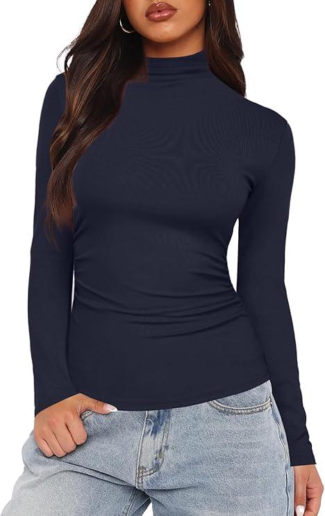 Darong Womens Ruched Shirts High Neck Fitted Tops Casual 2025 Fall Layer Slim Basic T-Shirts 9089 Dark Blue XL