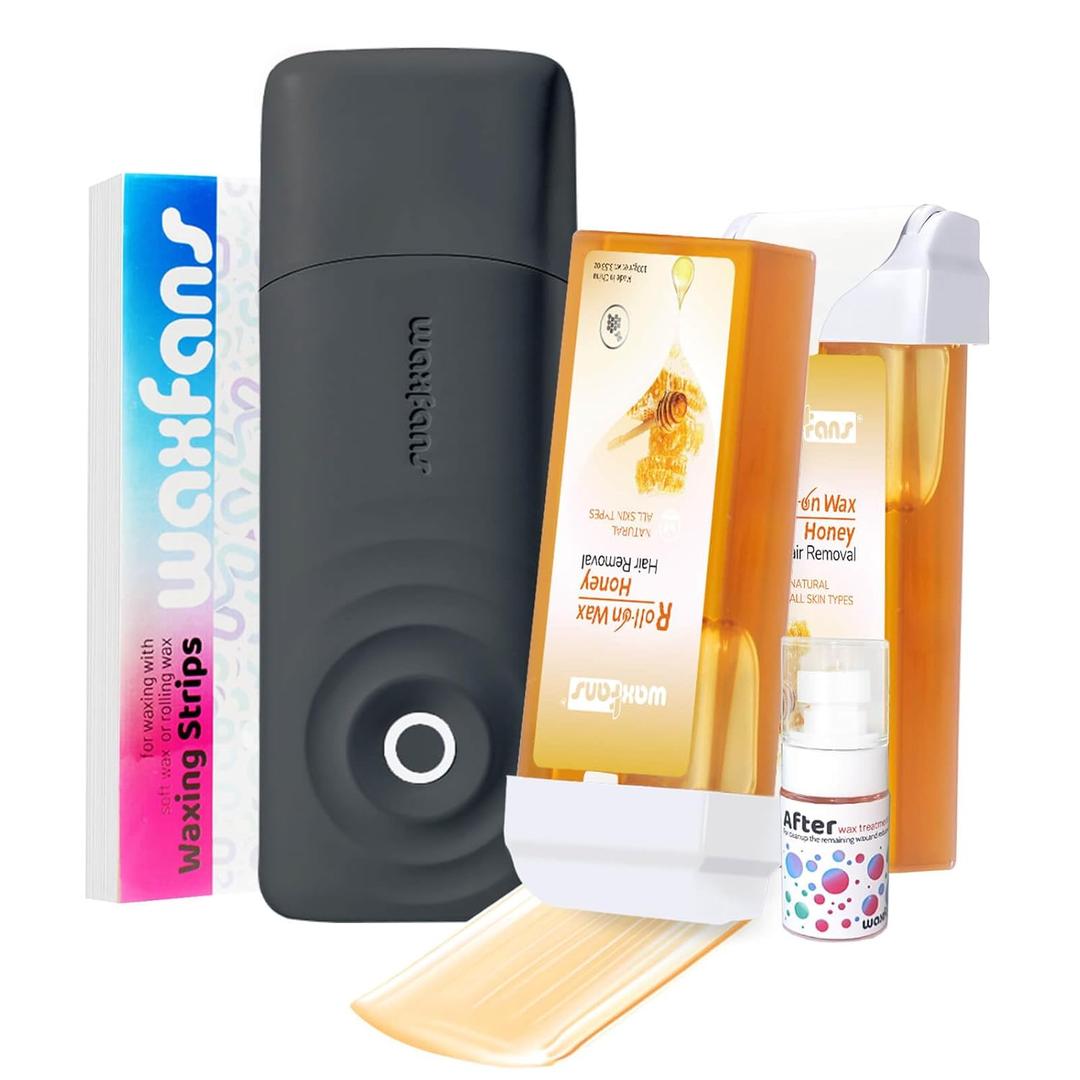 Roll On Waxing Kit for Hair Removal - At-Home Body & Face Wax Kit for Women & Men with 2 Wax Cartridges & 50 Strips, Depilatory Kit for Legs, Arms, Bikini (Black)