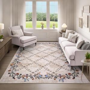 Garveehome 5x7 Washable Floral Area Rugs for Living Room: Modern Floral Non Slip Large Area Rugs for Bedroom, Large Machine Washable Living Room Low Pile Carpet with Non-Slip Backing Beige 5 Ft x7 Ft 