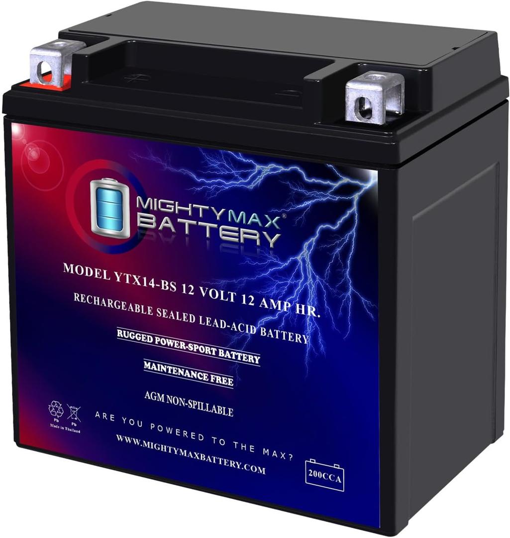 Mighty Max Battery YTX14-BS - 12 Volt 12 AH, 200 CCA, Rechargeable Maintenance Free SLA AGM Motorcycle Battery