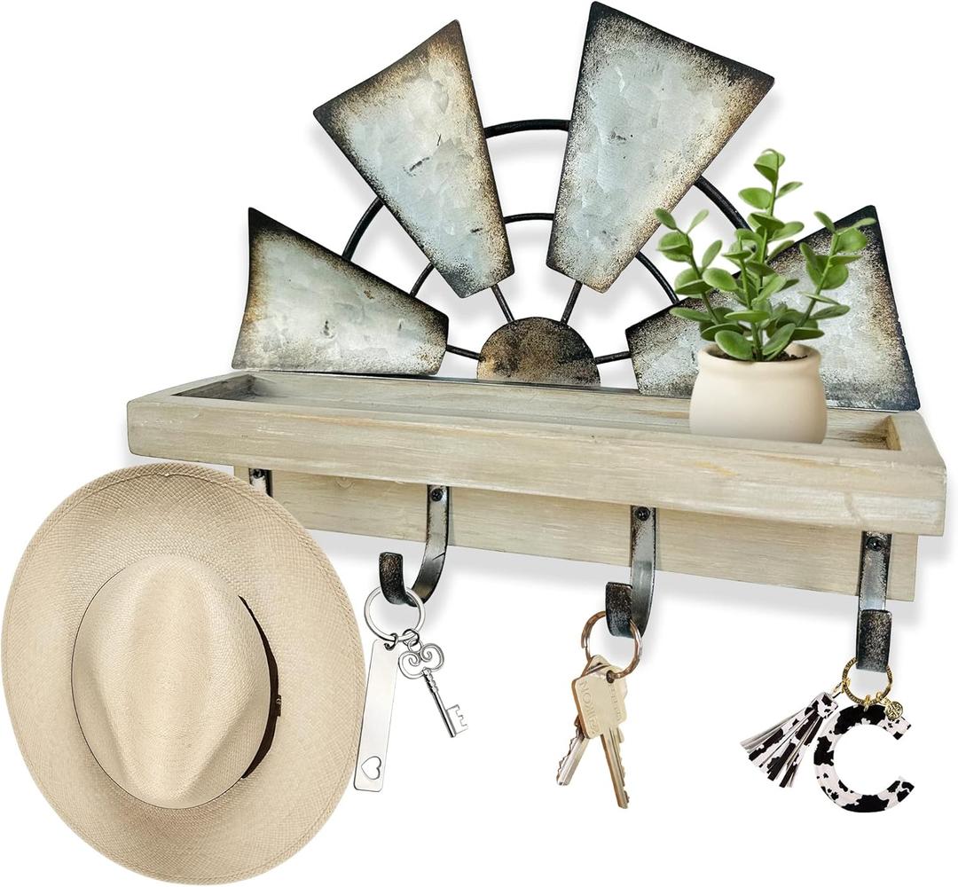 RootyHeart Windmill Key Holder Wall Mount, Decorative Wall Mounted Key and Mail Rack with Shelf, Farmhouse Wall Decor, 4 Rustic Hooks for Coats & Keys, Gray Western Key Holder